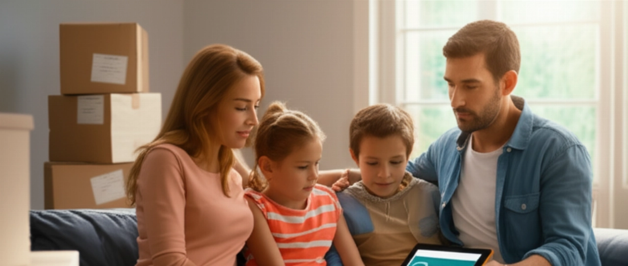 Una famiglia caucasica in un salotto moderno che consulta un tablet per preventivi di trasloco internazionale, con scatole ordinate sullo sfondo, simboleggiando facilità e trasparenza.