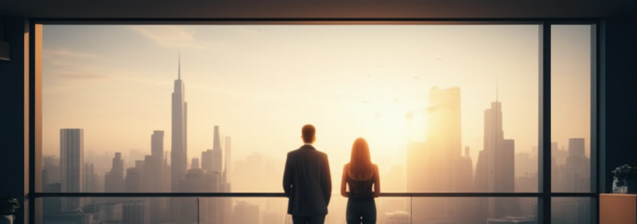 Una persona caucasica su un balcone che ammira una vista panoramica di una città internazionale al tramonto, con bagagli, evocando la sensazione di un nuovo inizio dopo un trasloco.