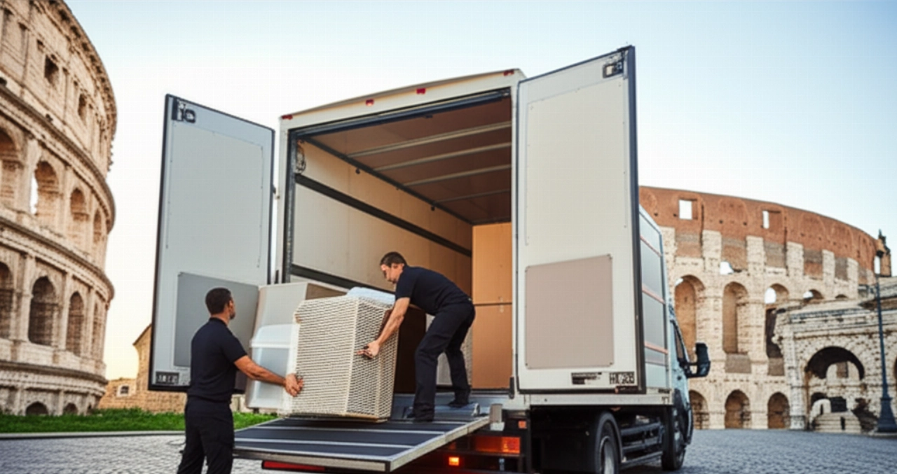 Moderno camion per traslochi internazionali parcheggiato su una strada romana, con l'antica architettura sullo sfondo, mentre traslocatori caucasici caricano efficientemente le merci.