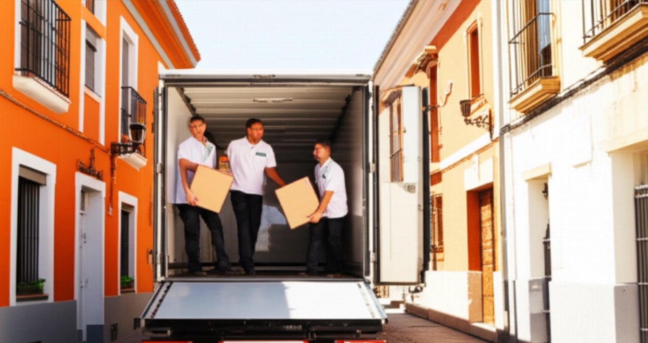 Traslocatori professionisti caucasici caricano un camion su una strada spagnola, con architettura tradizionale.