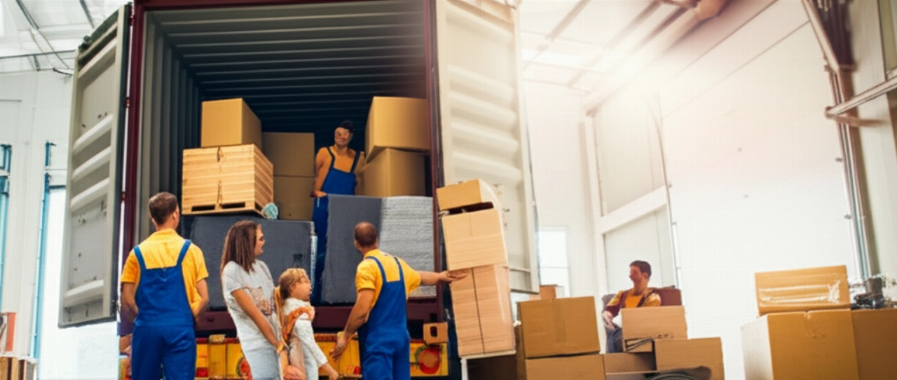 Una famiglia caucasica sorridente osserva i traslocatori caricare i loro beni in un container, in un magazzino portuale.