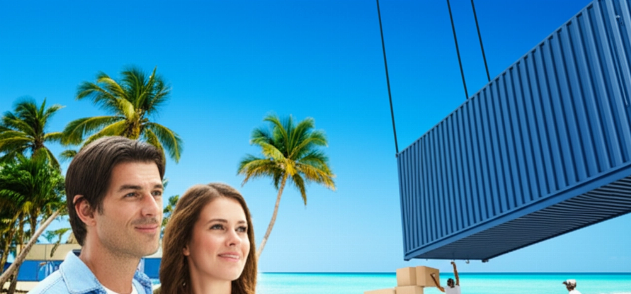 Una coppia caucasica felice assiste allo scarico di un container su una spiaggia tropicale, simbolo di un nuovo inizio.