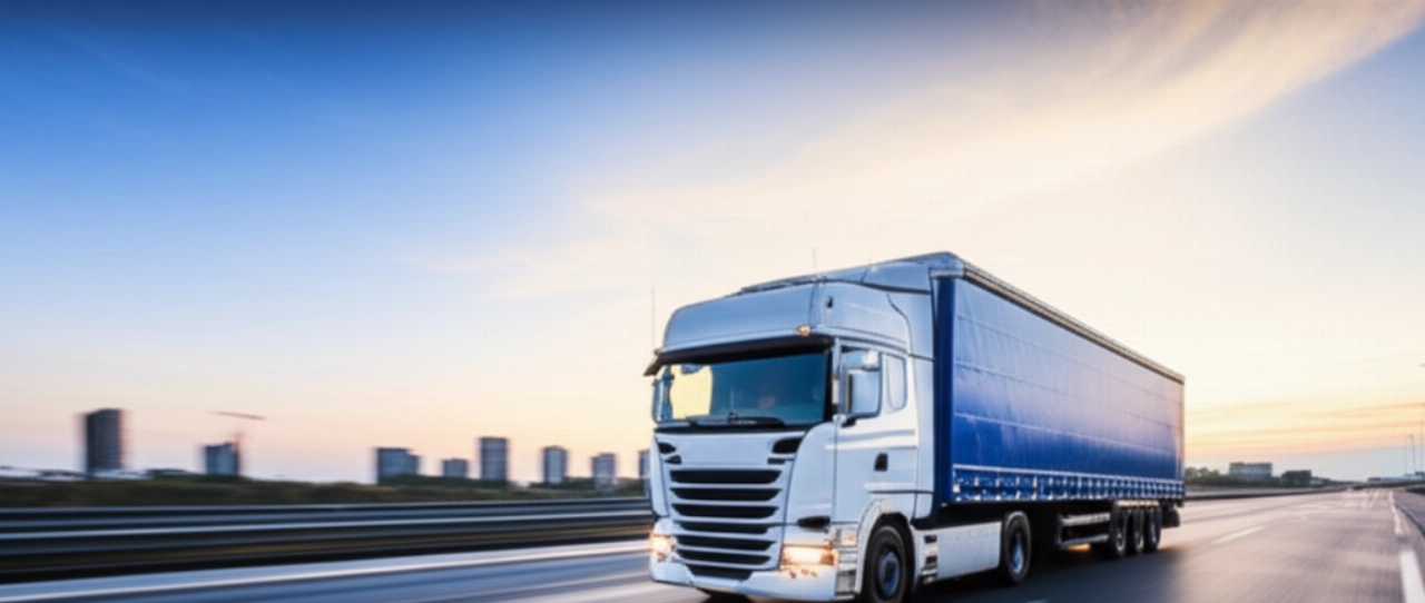 Camion da trasloco moderno e pulito che viaggia su un'autostrada europea all'alba, con lo skyline di una città europea in sottofondo, simbolo di un trasloco internazionale.