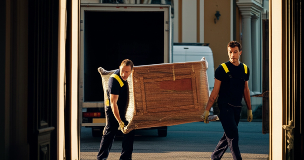 Traslocatori professionisti caucasici che caricano con cura mobili preziosi da una villa italiana, simboleggiando un servizio di trasloco internazionale Italia-Europa.