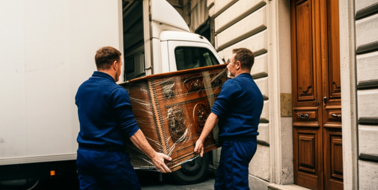 Due traslocatori professionisti caucasici trasportano con cura un mobile antico fuori da un edificio italiano verso un camion, al tramonto.