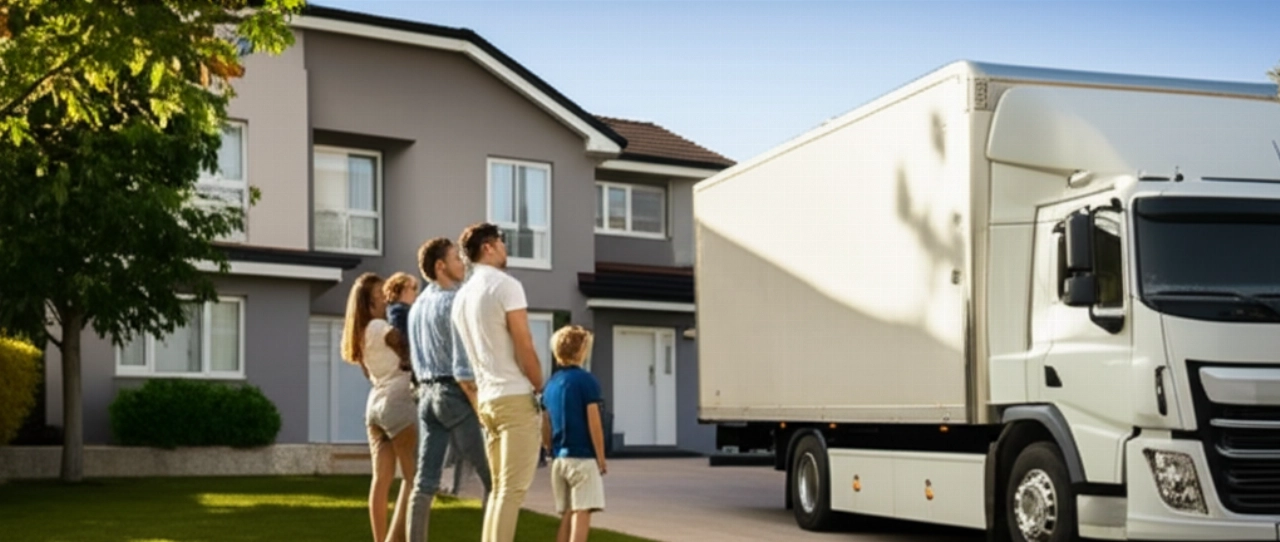 Famiglia caucasica serena e soddisfatta che osserva un moderno camion dei traslochi parcheggiato di fronte alla loro nuova casa, al tramonto.