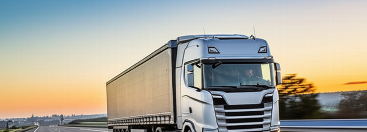 Un moderno camion per traslochi in viaggio su un'autostrada europea all'alba, con paesaggi che suggeriscono il percorso tra Milano e Basilea.
