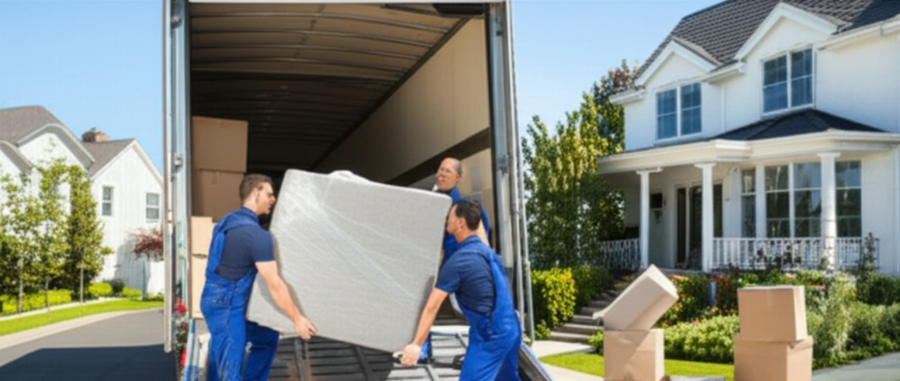 Grande camion per traslochi parcheggiato davanti a una casa, con traslocatori caucasici che caricano mobili.