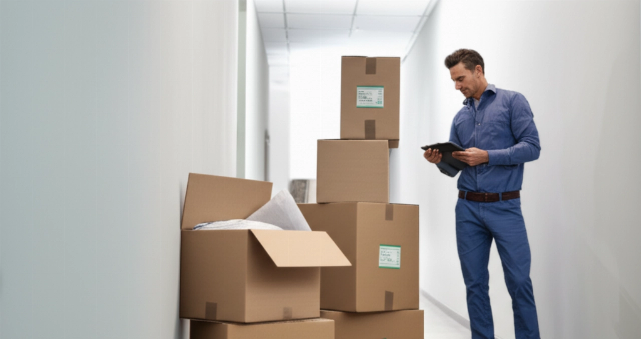 Scatole da trasloco ben organizzate con un professionista caucasico che controlla una checklist digitale.