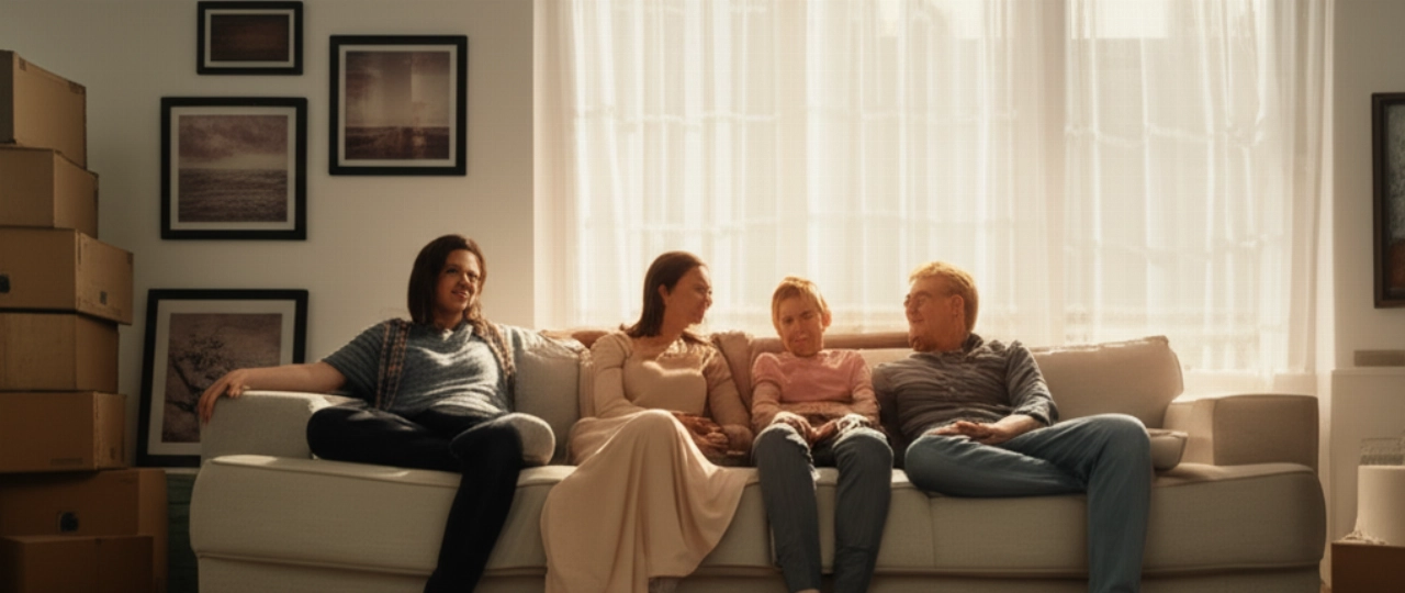 Una famiglia caucasica si rilassa felicemente sul divano nel loro nuovo soggiorno, godendosi la tranquillità dopo un trasloco di successo.