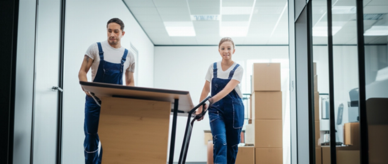 Traslocatori caucasici professionisti che spostano attrezzature da ufficio, rappresentando un efficiente trasloco aziendale.