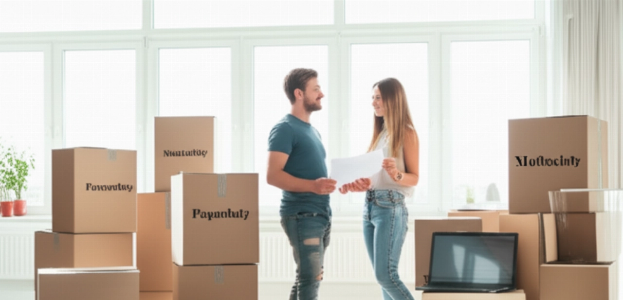 Coppia caucasica sorridente tra scatole di trasloco ben organizzate, che rappresenta un inizio di trasloco senza stress.