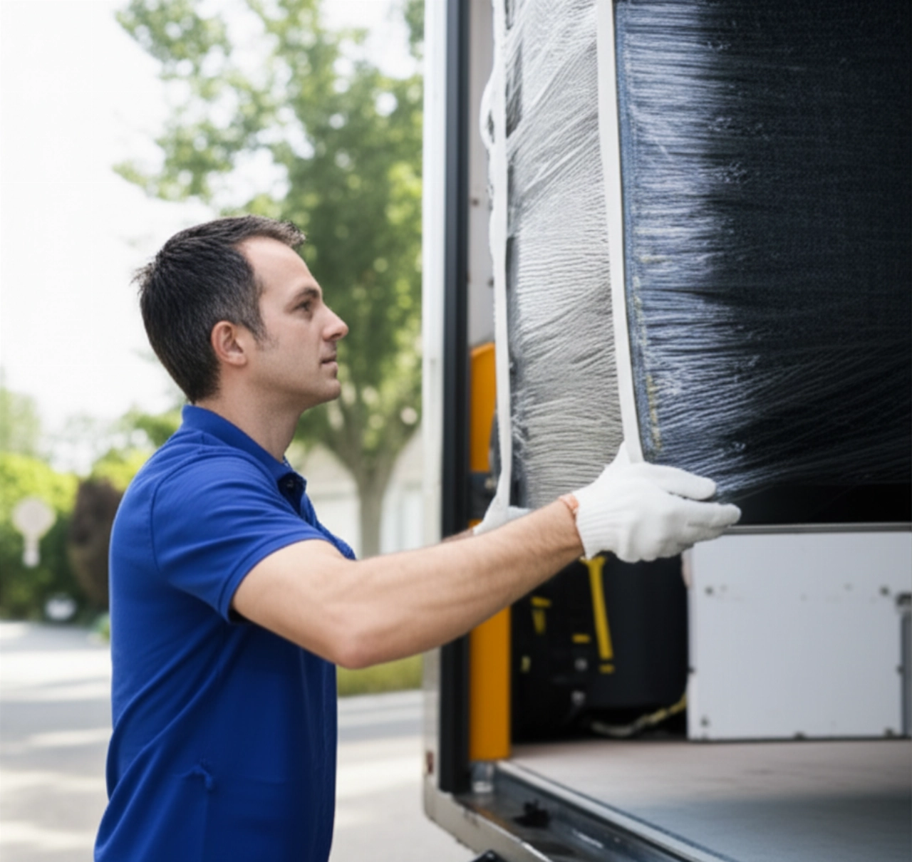 Traslocatore caucasico professionista che carica mobili su un camion, evidenziando affidabilità e servizio di qualità.