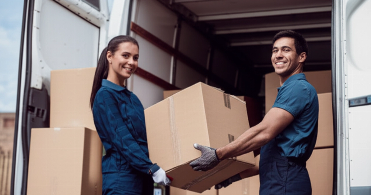 Traslocatori caucasici professionisti che caricano efficientemente scatole in un camion moderno, simboleggiando un servizio di trasloco organizzato e di valore.