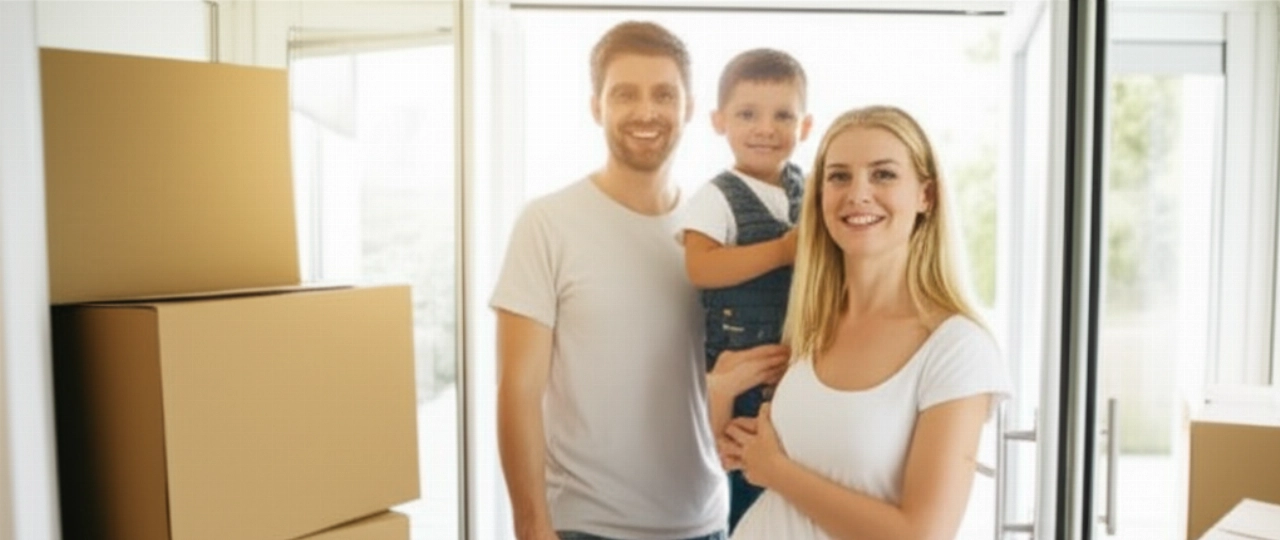 Famiglia caucasica felice nella porta della loro nuova casa luminosa, con scatole da trasloco ordinate, simboleggiando un trasferimento riuscito e senza stress.