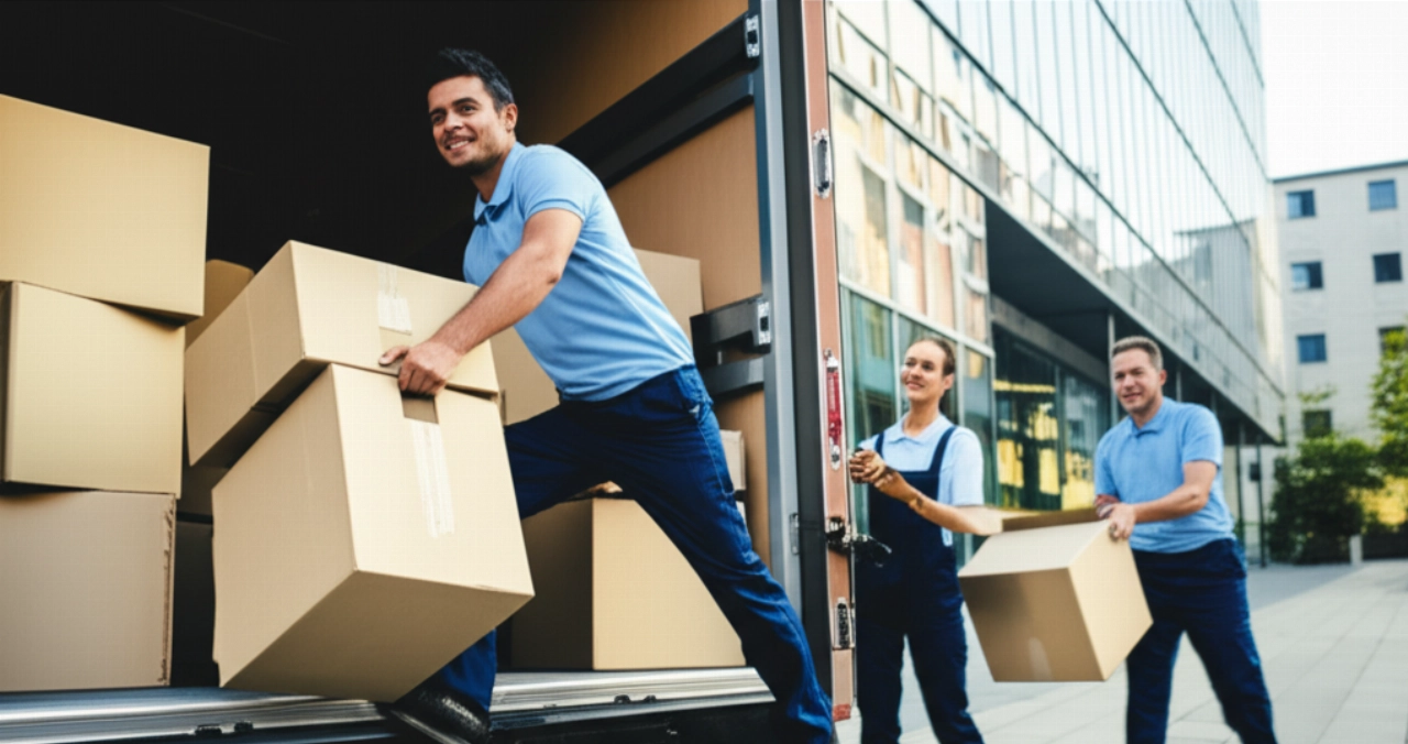 Due traslocatori caucasici scaricano efficientemente scatole etichettate da un camion senza logo davanti a un edificio moderno in una città europea che ricorda Basilea.