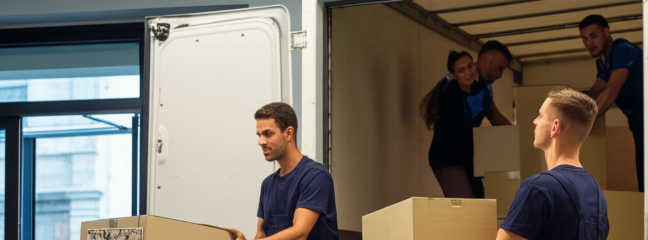 Squadra di traslocatori professionisti caucasici che caricano scatole in un camion, con uno sfondo che suggerisce Roma e Bruxelles.