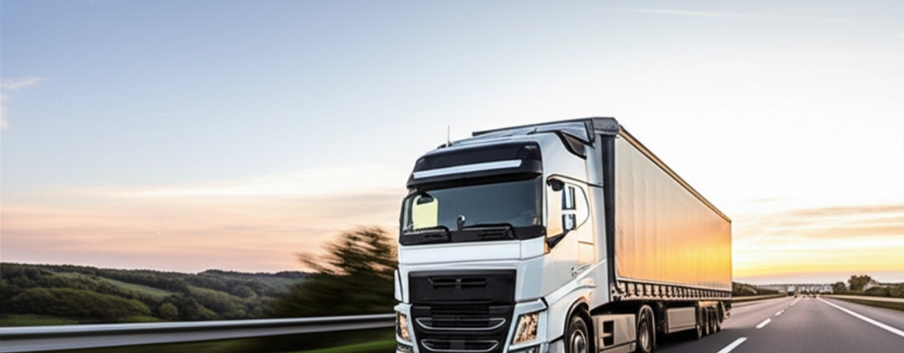 Un moderno camion per traslochi viaggia su un'autostrada europea al tramonto, simboleggiando un viaggio efficiente tra Roma e Dusseldorf.