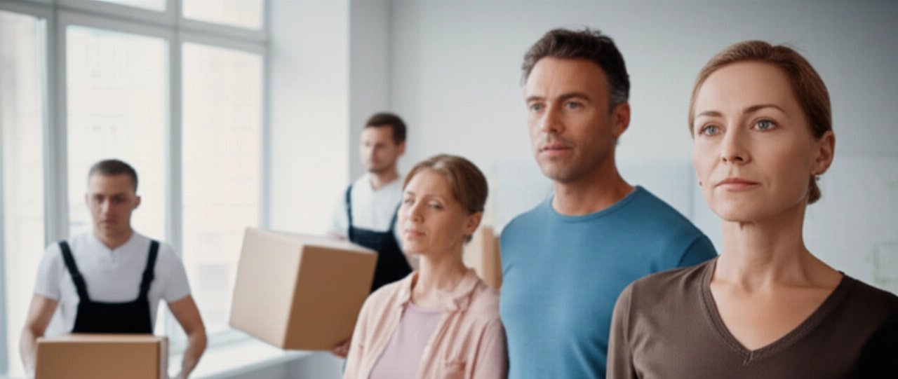 Una coppia caucasica felice e sollevata osserva traslocatori professionisti che caricano scatole in un moderno appartamento luminoso, simboleggiando un trasloco senza stress.