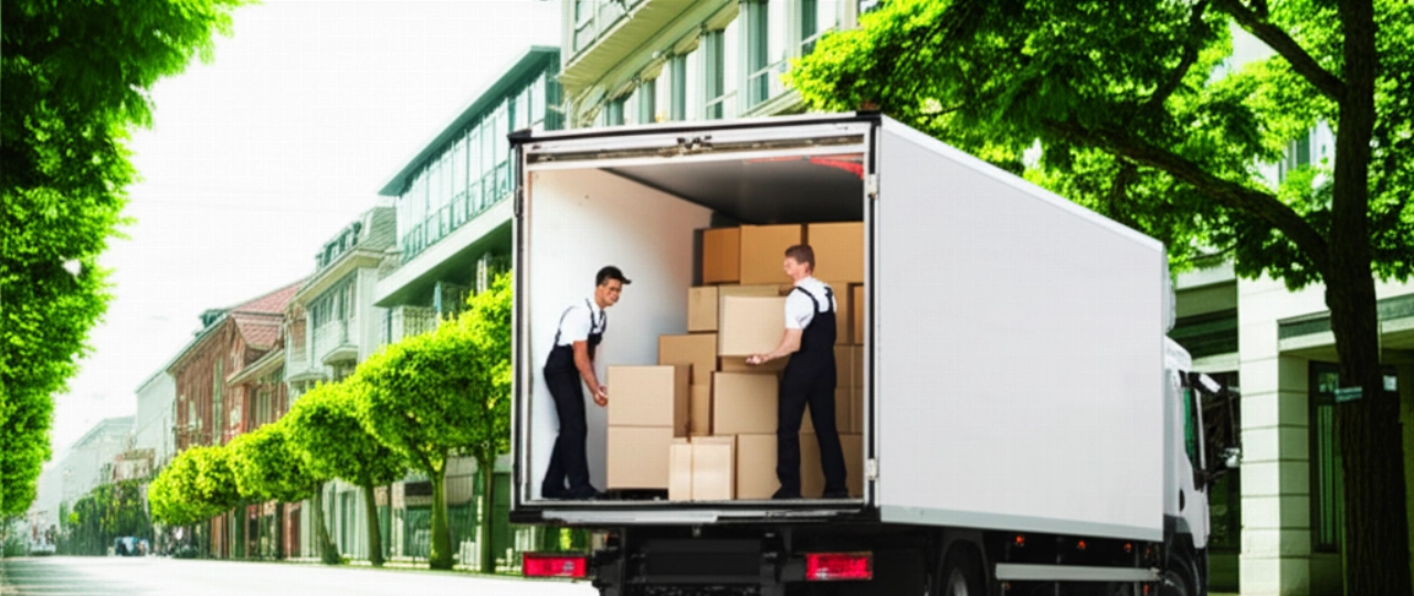 Traslocatori professionisti caucasici scaricano scatole da un camion in una strada pulita di Zurigo, con architettura moderna sullo sfondo, simboleggiando un arrivo efficiente.