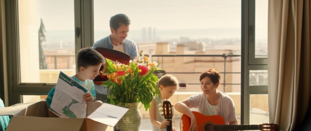 Famiglia caucasica felice che disimballa scatole in un luminoso appartamento moderno in Spagna, con vista su una città spagnola o sul mare.