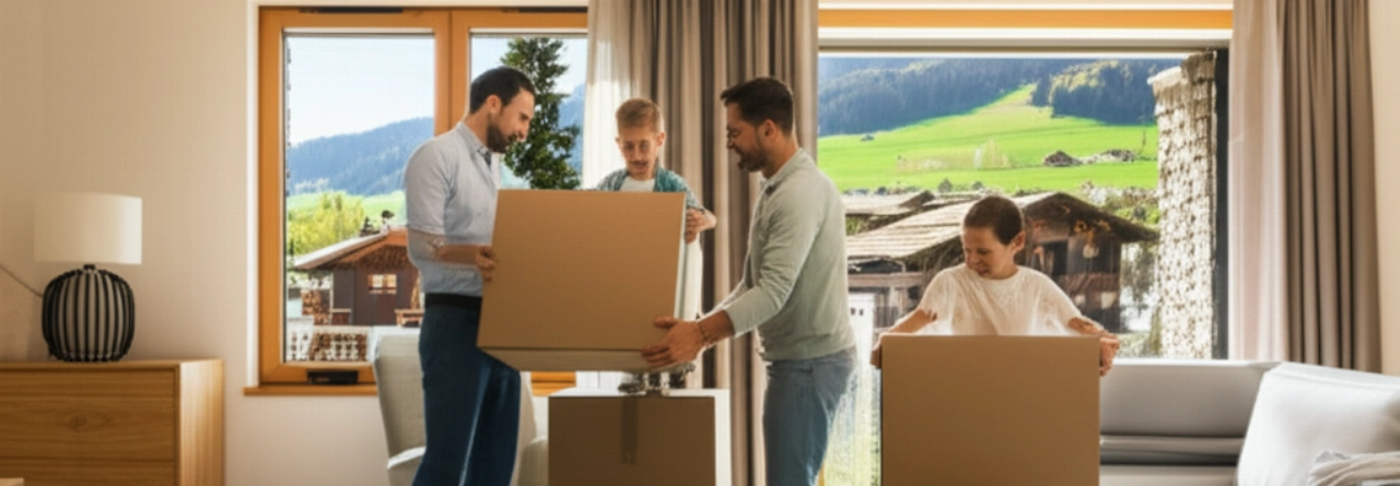 Famiglia caucasica felice che disimballa gli scatoloni in un luminoso soggiorno svizzero, simboleggiando un nuovo inizio e la gioia della casa.