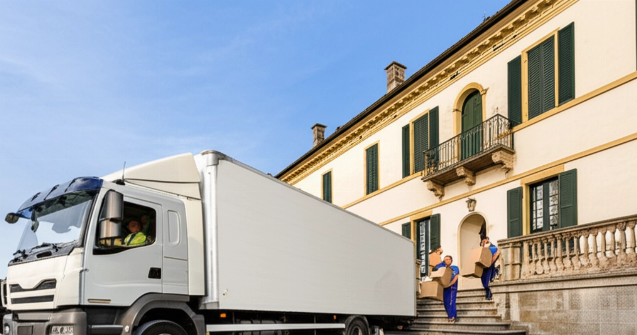 Grande camion dei traslochi parcheggiato davanti a una villa storica di Varese, con traslocatori che caricano scatole.