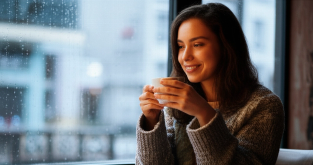 Donna caucasica sorridente che beve caffè in un accogliente caffè di Dublino, con la pioggia fuori dalla finestra.