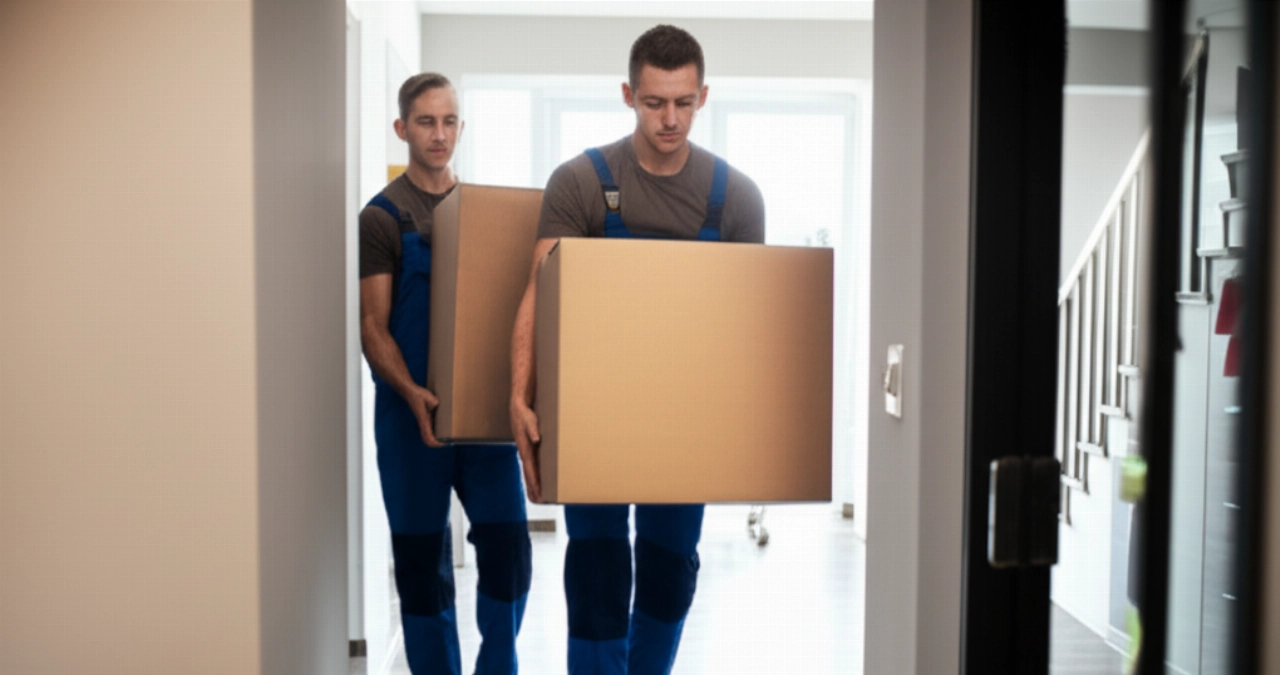Traslocatori caucasici professionisti che trasportano una scatola in un corridoio di appartamento.