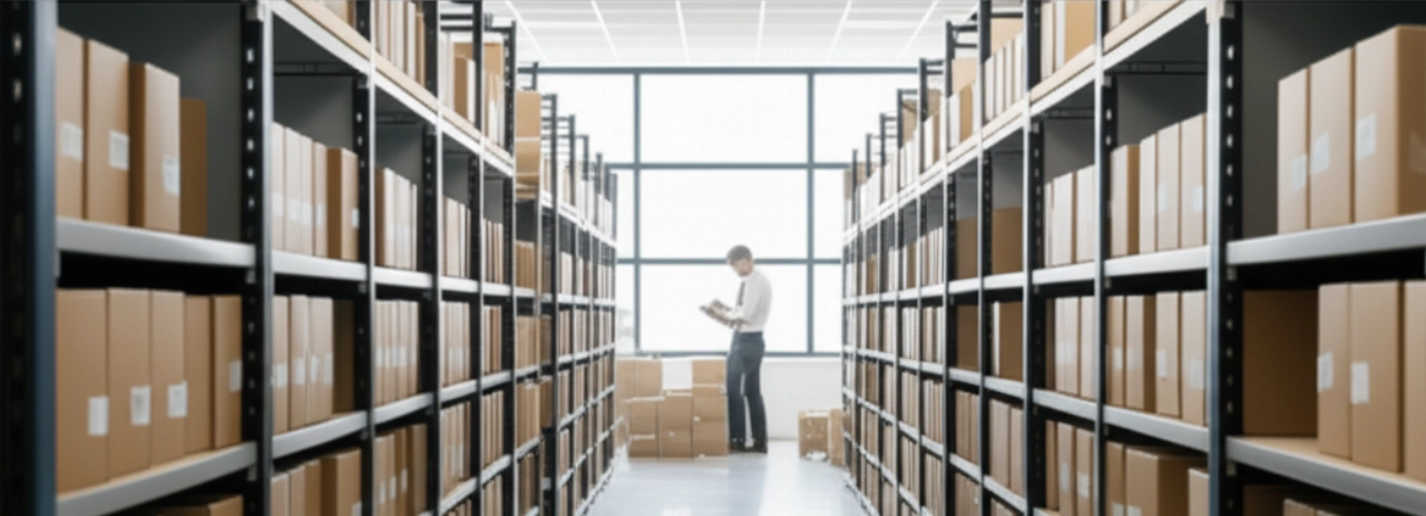 Immagine iperrealistica di un vasto archivio moderno con file di scatole organizzate, in preparazione per un trasloco su larga scala, con un professionista che supervisiona.