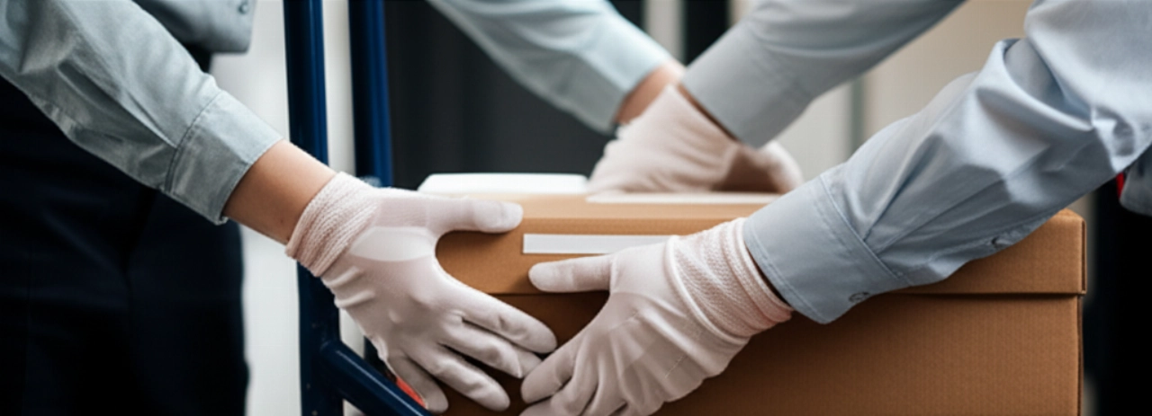 Primo piano iperrealistico di professionisti caucasici che maneggiano con cura scatole di archivio etichettate, enfatizzando la precisione e la sicurezza durante il trasloco.