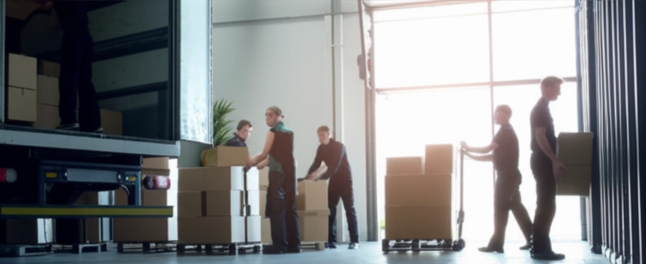 Immagine iperrealistica di un trasloco efficiente di scatole di archivio da un camion a una nuova e moderna struttura, con professionisti che scaricano e organizzano.