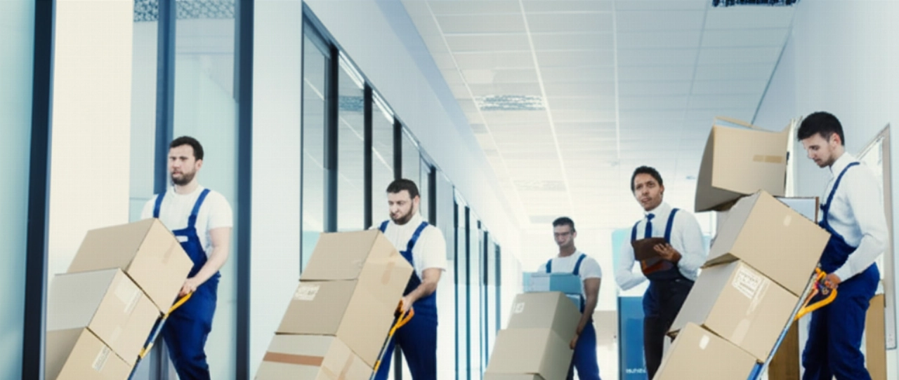 Professionisti caucasici gestiscono con cura un trasloco aziendale organizzato, trasportando scatole e attrezzature in un corridoio d'ufficio.