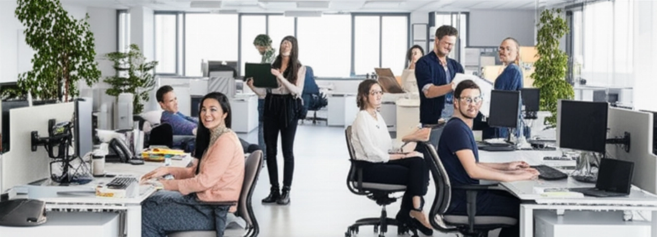 Dipendenti caucasici soddisfatti lavorano in un nuovo e moderno ufficio aziendale, simbolo di un trasloco riuscito e di nuova produttività.