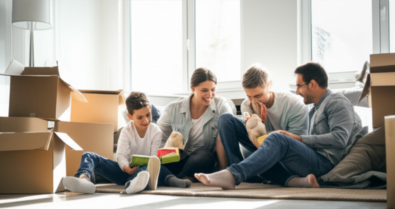 Famiglia caucasica felice che si rilassa sul pavimento del loro nuovo soggiorno luminoso, godendosi il comfort e la gioia dopo un trasloco di successo.