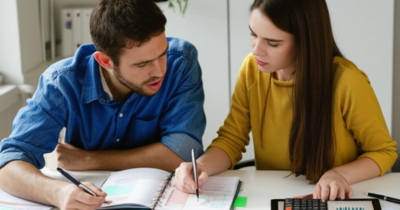 Due individui caucasici collaborano intensamente su un piano finanziario per un trasloco, seduti a una scrivania con calcolatrice, tablet e documenti.