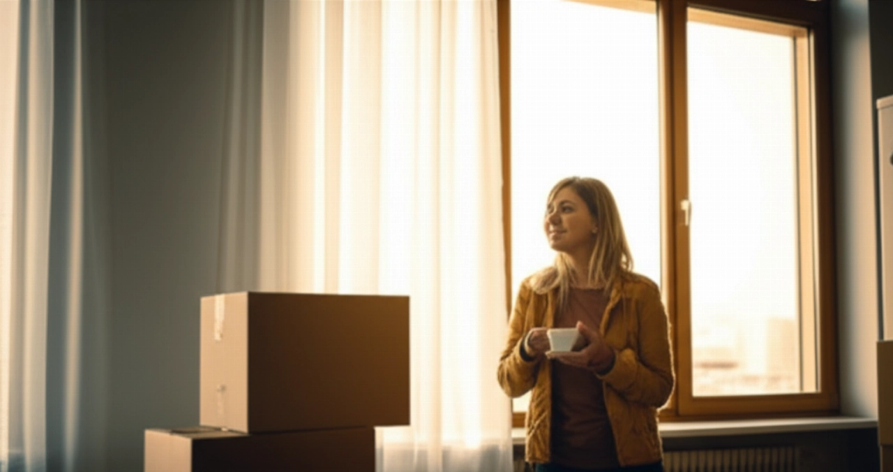 Una donna caucasica sorridente e rilassata in un nuovo soggiorno, con alcune scatole di trasloco in sottofondo, godendosi un caffè al sole mattutino.