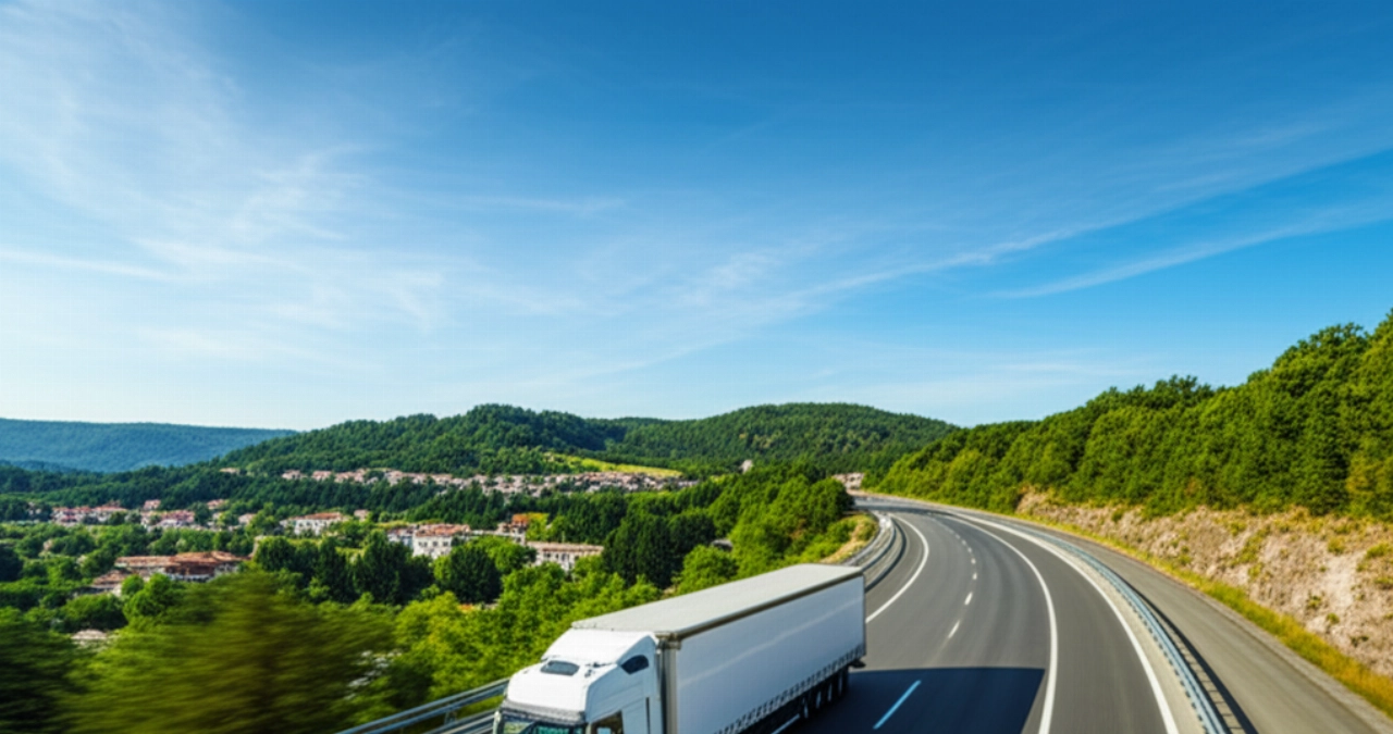 Un moderno camion per traslochi viaggia su un'autostrada panoramica attraverso le Alpi, simboleggiando il viaggio dalla Germania all'Italia.