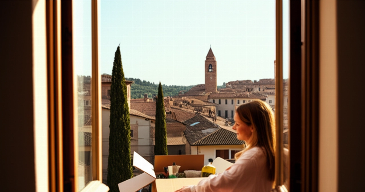Una donna caucasica sorride mentre disfa gli scatoloni in un soleggiato appartamento italiano, con una vista pittoresca di un villaggio italiano dalla finestra.