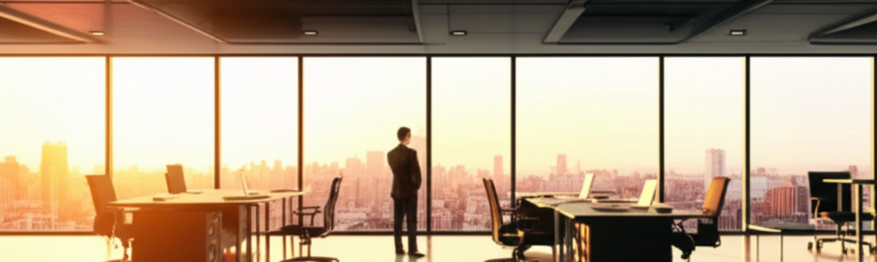 Ufficio moderno e impeccabile appena allestito, con ampie finestre che si affacciano su uno skyline urbano, un dirigente caucasico osserva il panorama.