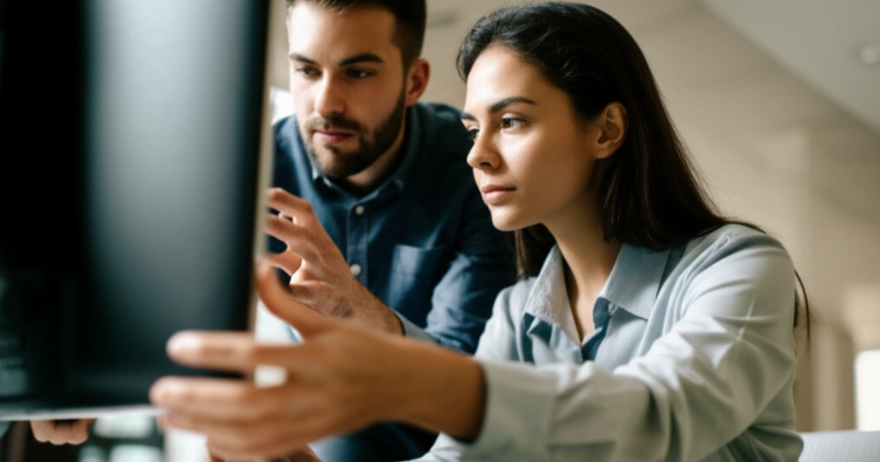 Due colleghi caucasici collaborano con attenzione, disimballando e installando un monitor su una nuova scrivania in un ufficio moderno.
