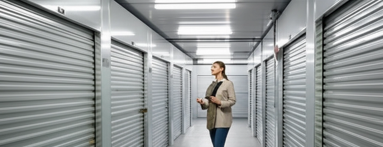 Interno di un moderno deposito self-storage, con file di unità illuminate e sicure. Una persona caucasica in piedi nel corridoio, con una chiave in mano, pronta ad accedere alla propria unità.