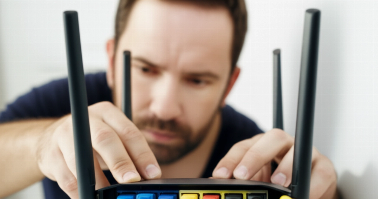 Primo piano iperrealistico di un uomo caucasico che collega un router internet in un nuovo appartamento.