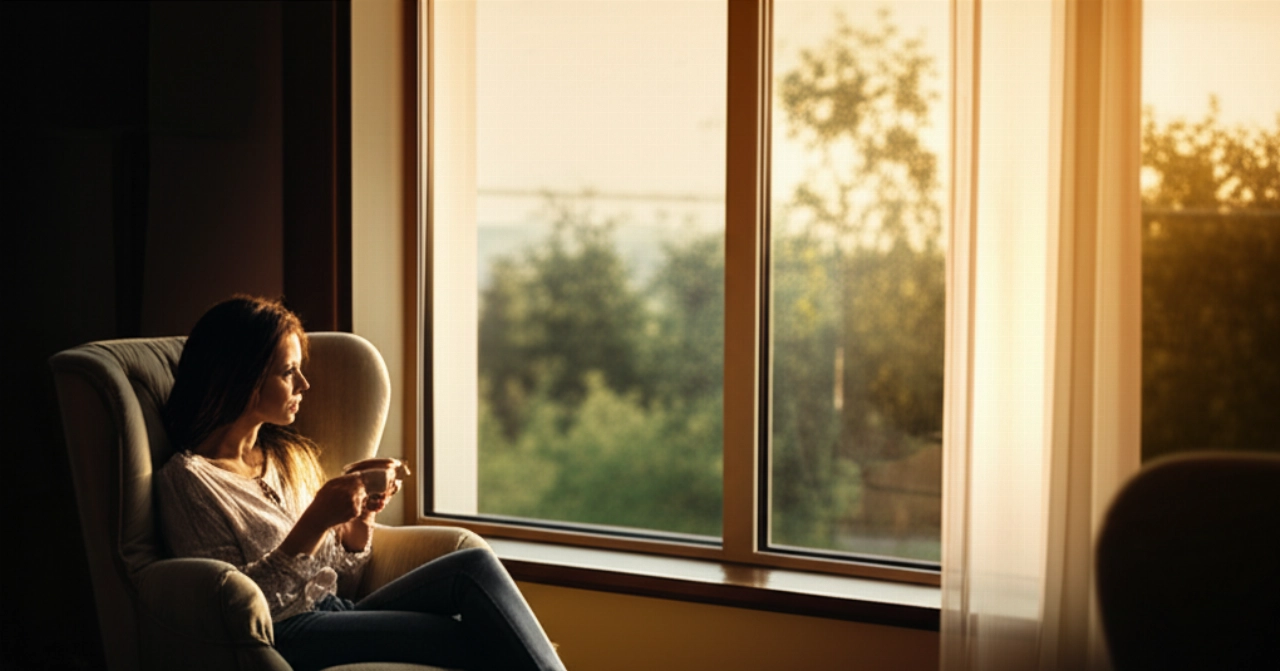 Una donna caucasica rilassata seduta su una poltrona in una nuova casa splendidamente arredata e illuminata dal sole, con una tazza di caffè.