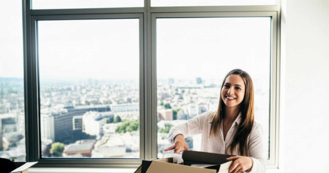Donna caucasica felice che disfa le valigie in un nuovo appartamento luminoso, con vista panoramica su una città europea, dopo un trasloco internazionale.