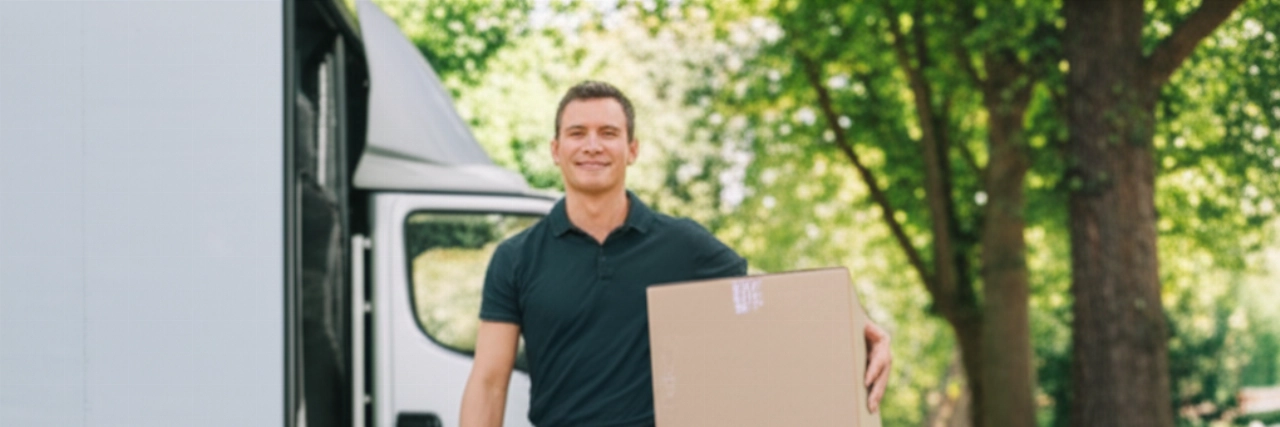 Un uomo caucasico sorridente e professionale trasporta senza sforzo una scatola da trasloco ben imballata verso un camion moderno, illustrando un trasporto efficiente e senza stress.