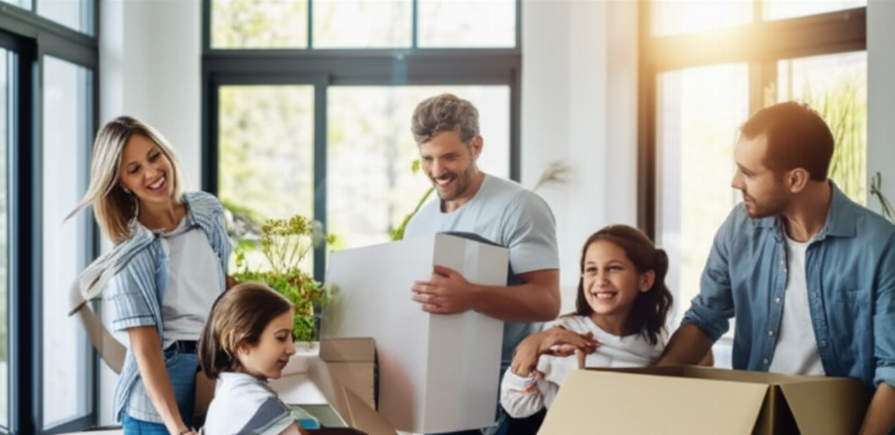 Una famiglia caucasica felice e sorridente disimballa con gioia alcune scatole leggere nella loro nuova casa luminosa e spaziosa, simboleggiando un inizio sereno e positivo.
