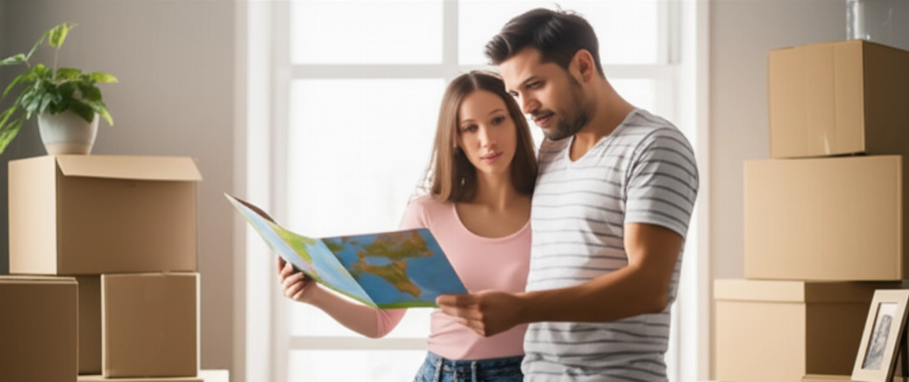 Una coppia caucasica in una stanza piena di scatoloni, con la donna che indica una mappa di Francia e Italia, simboleggiando un trasloco internazionale.