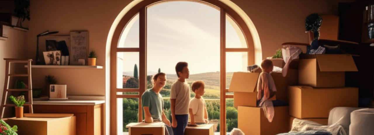 Una famiglia caucasica sorridente che disfa gli scatoloni nella loro nuova casa in Italia, con una vista panoramica sul paesaggio italiano.