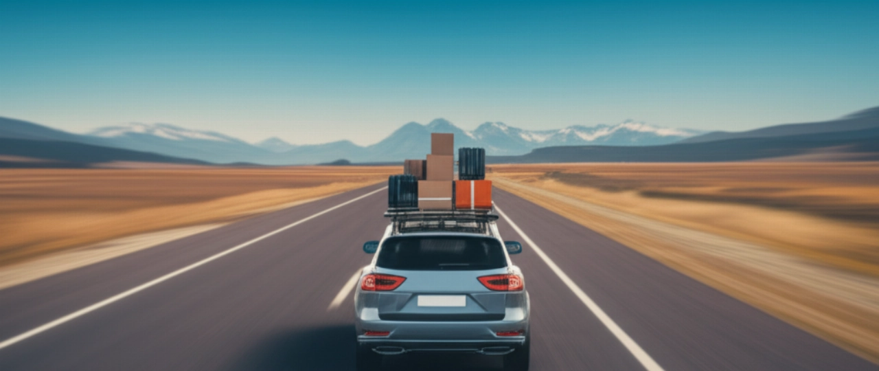 Un'auto carica di scatoloni e bagagli viaggia su un'autostrada attraverso un paesaggio vasto, simboleggiando un lungo trasloco fuori regione.